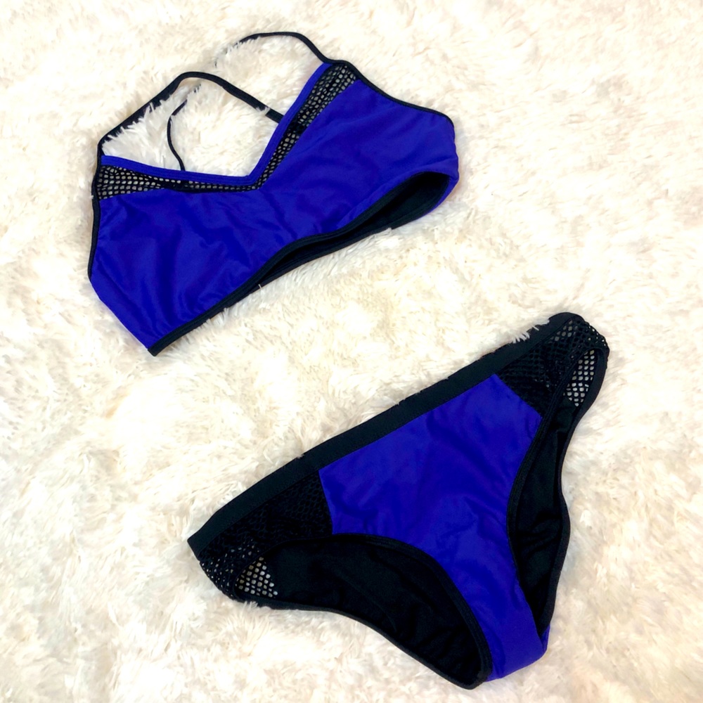 NWOT Venus Electric Blue & Black Mesh Two Piece Bikini, Sz. S or 8 Top, 6 Bottom